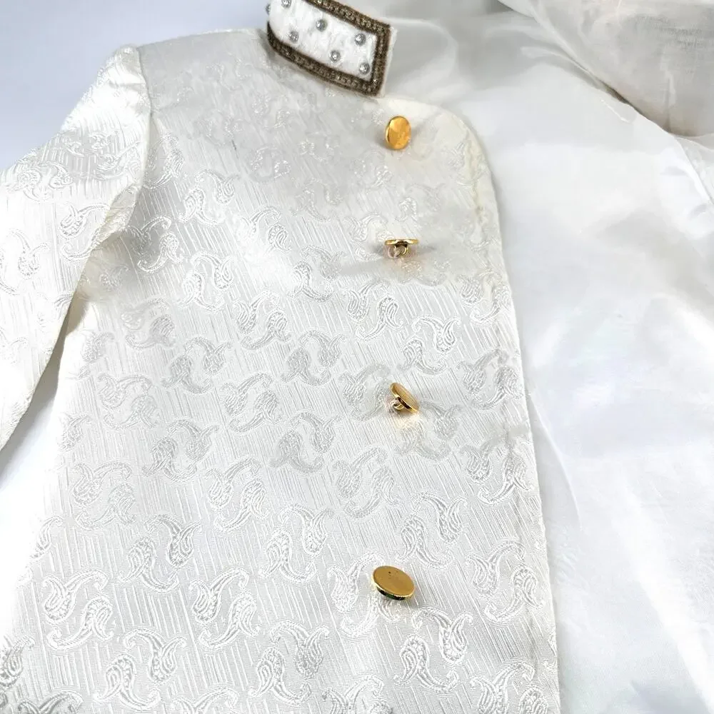 Boys White Sherwani Jacket Beaded Embroidery Gold Buttons 14